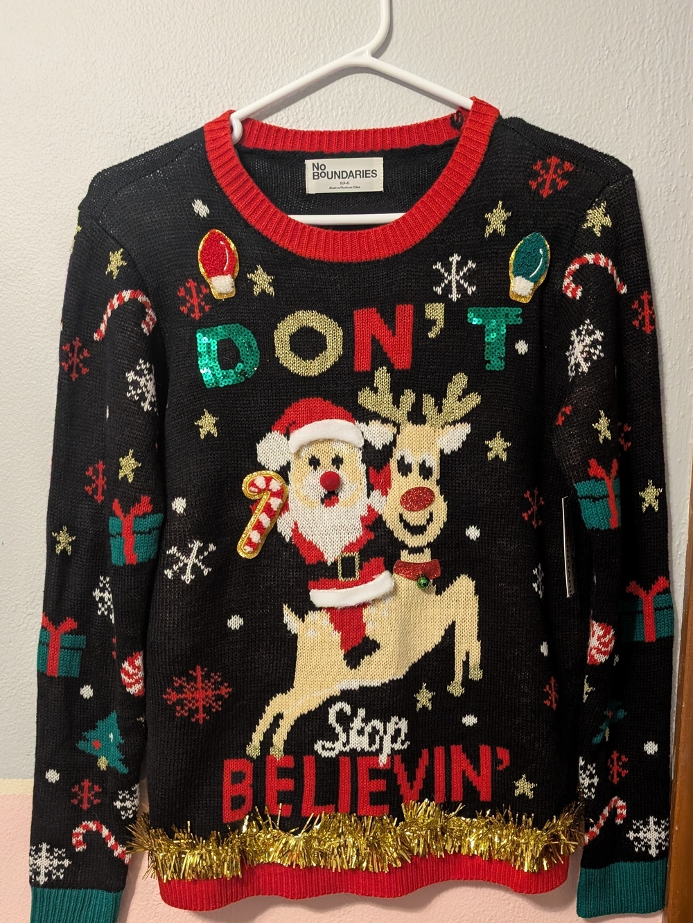 No Boundaries Men’s Black Holiday Crewneck Sweater with Red, Green, Gold Accents
